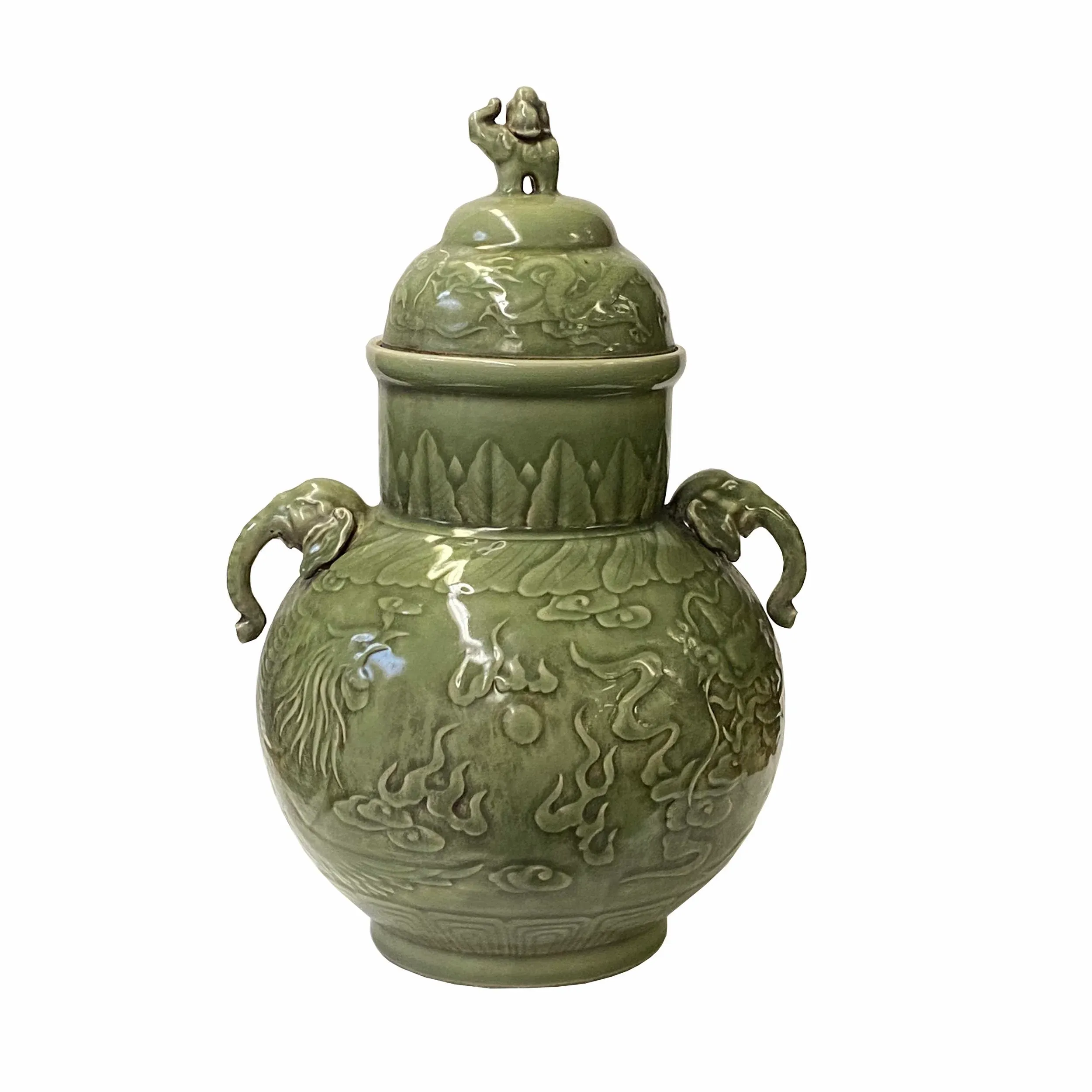 Chinese Ancient Style Celadon Ceremonial Jar With Dragon Phoenix Motif