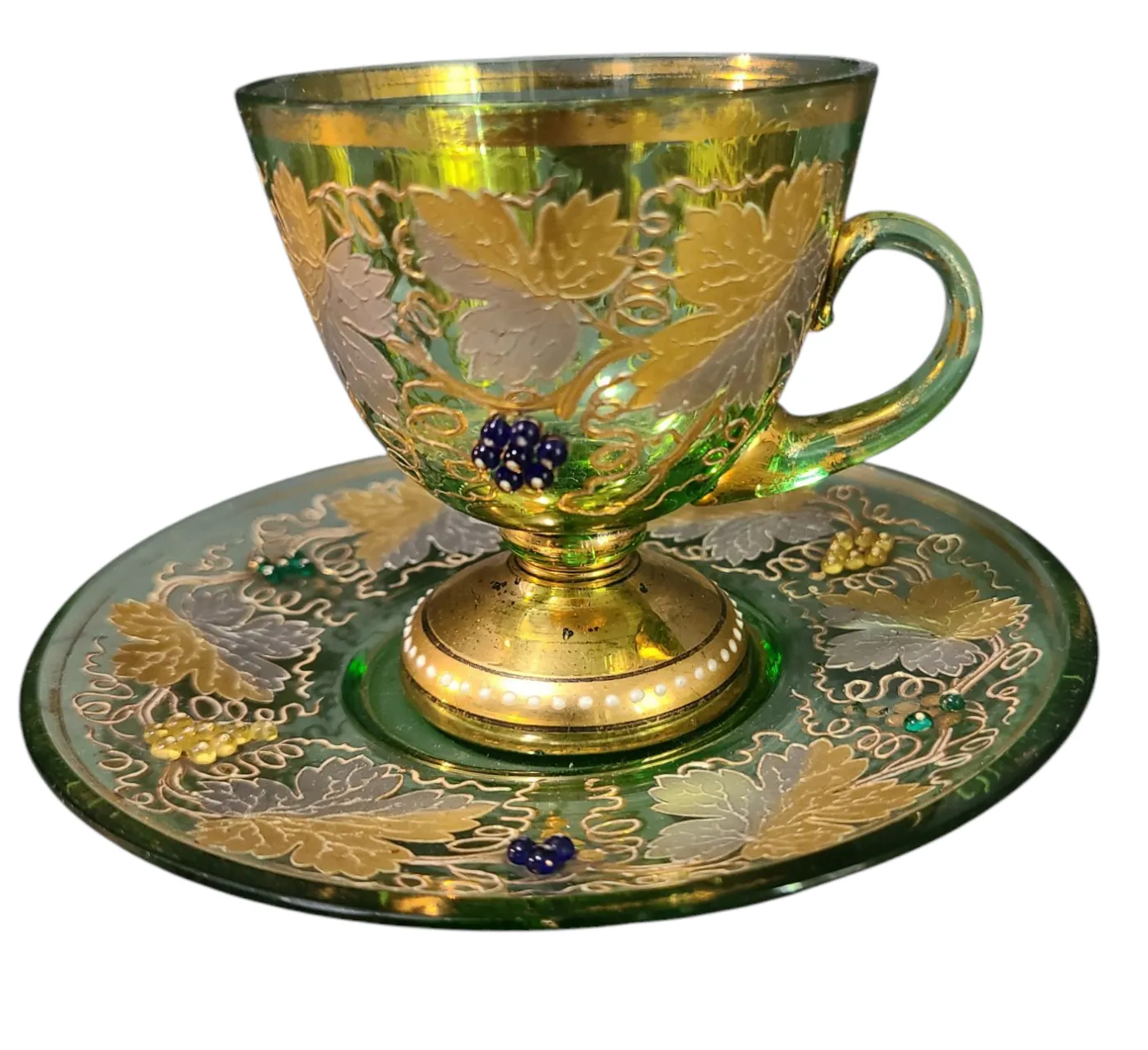 Antique Moser Footed Cup & Saucer Green Glass Heavily Gilded