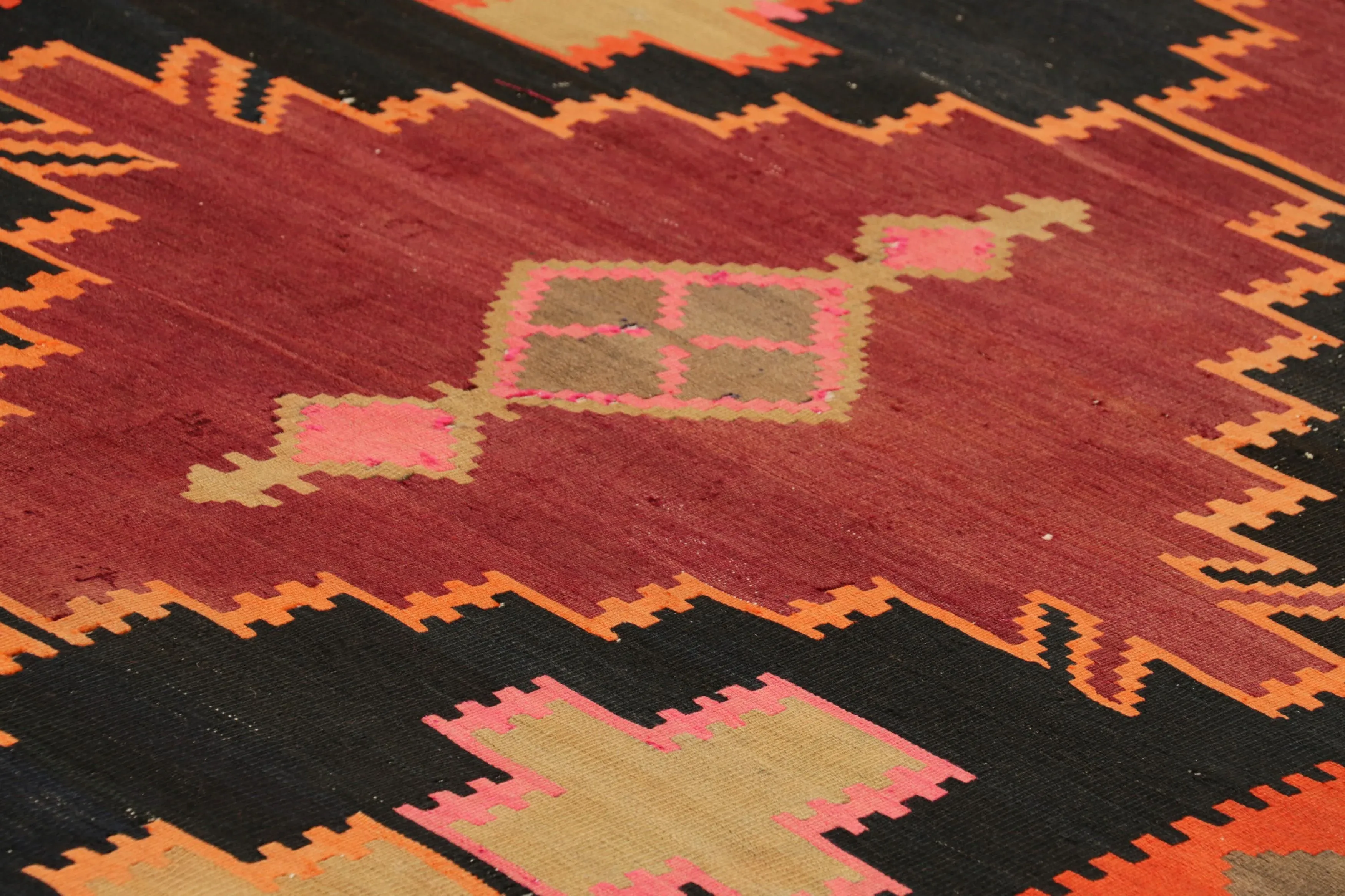 Late 20th Century Franciscan Desert Rose Covered Vegetable DishHandwoven Antique Persian Kilim Rug in Wine Black and Orange Geometric Pattern