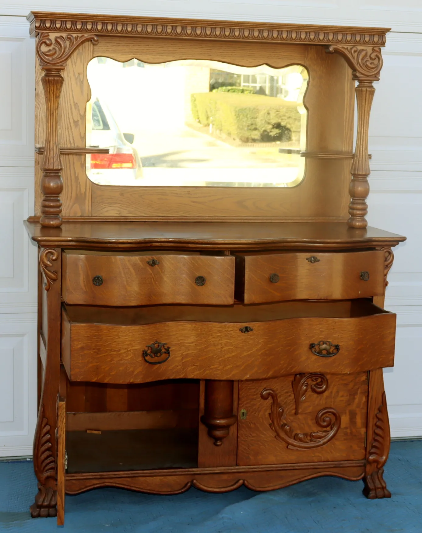 1930s Antique Solid Tiger Oak Piece Server Buffet with a Mirror