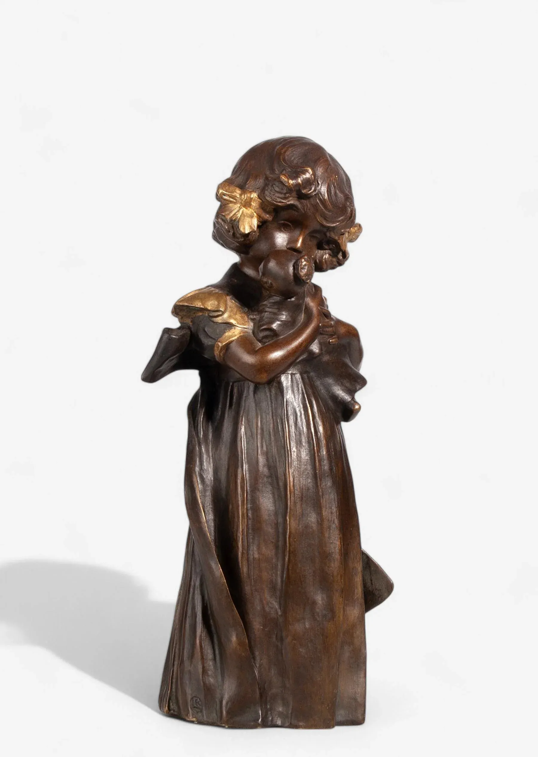 1900s Art Nouveau Bronze Sculpture of a Girl With a Doll by Leo