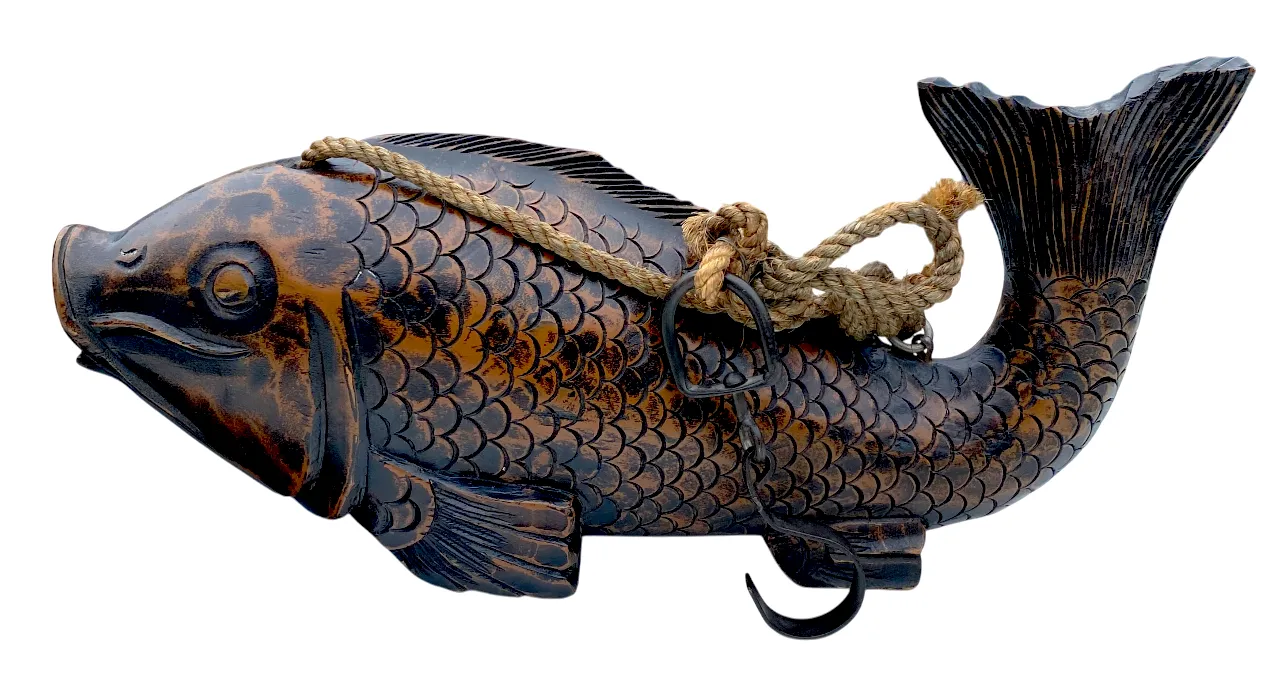 Japanese Carved Wood Koi Fish Jizai Kagi (Fireplace Hook) | Chairish