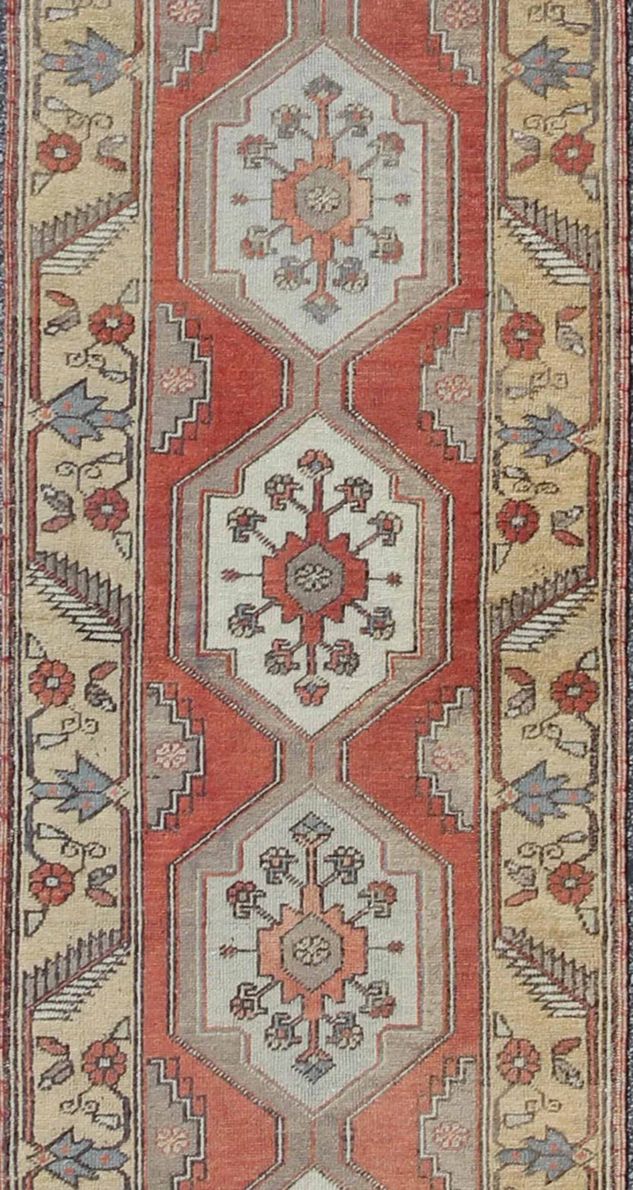 Vintage Turkish Oushak Runner With Brick Red Field and Ivory Medallions