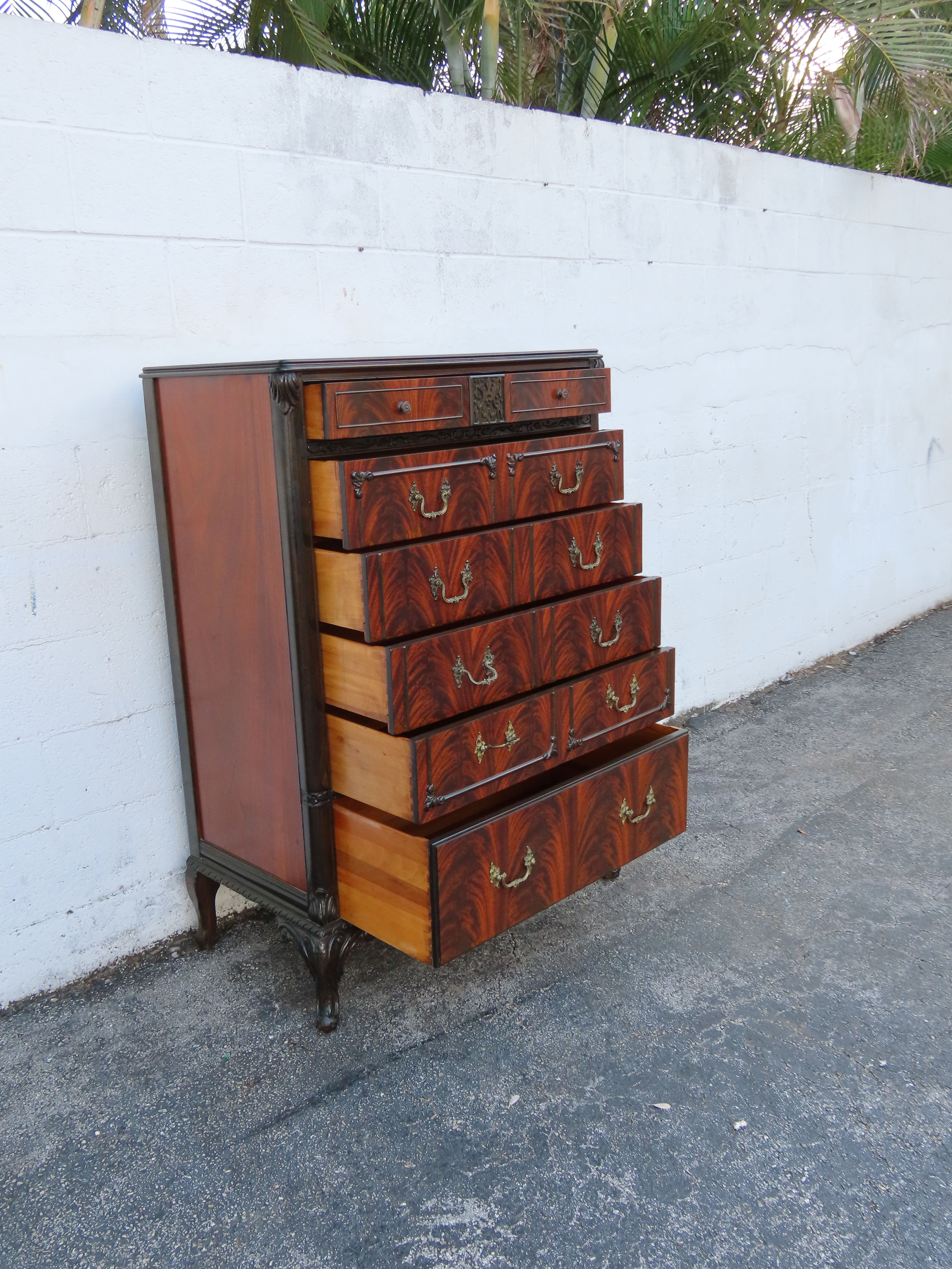 Early 1900s Carved Flame Mahogany Tall Chest of Drawers 6324