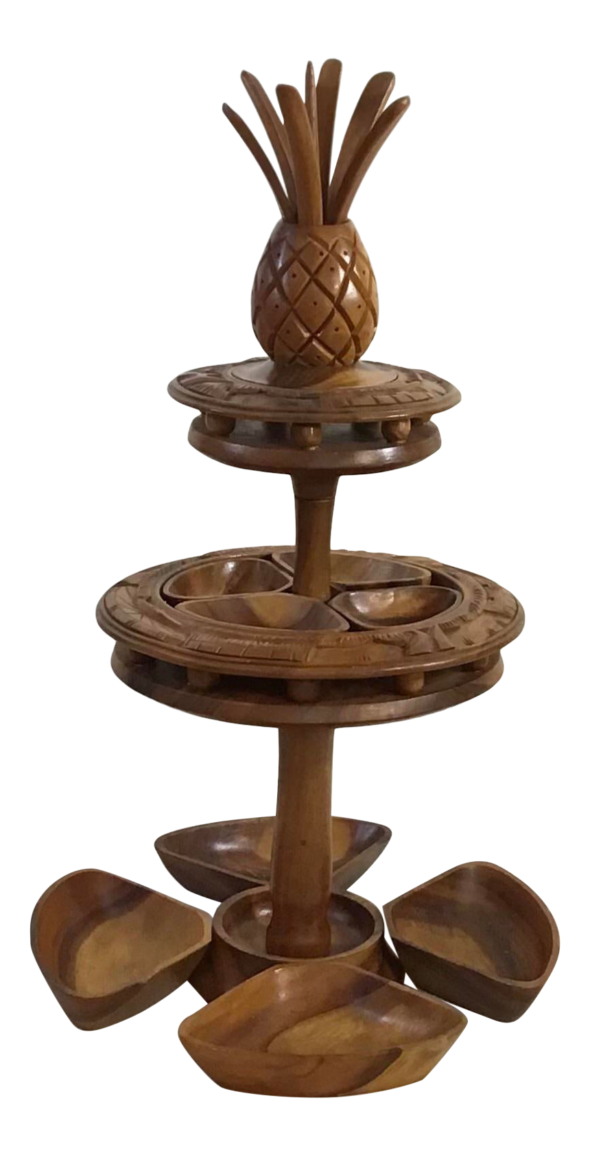 Vintage 60s Tiered Monkey Pod Pineapple Lazy Susan Center Serving Tower
