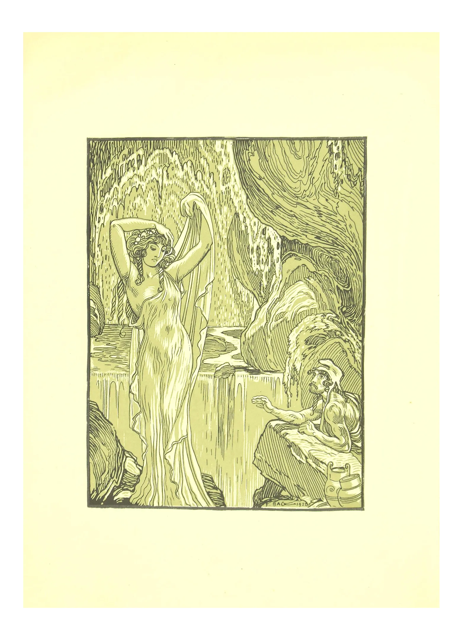 Ferdinand Bac , The Vestal in the Waterfall , Original Lithograph by F. Bac , 1922