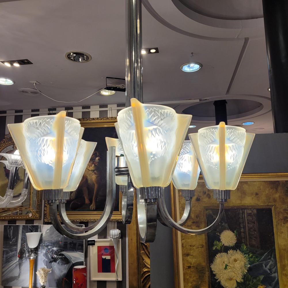 Pendant Light in Glass and Nickel-Plated Metal from Atelier Petitot Paris, 1930s