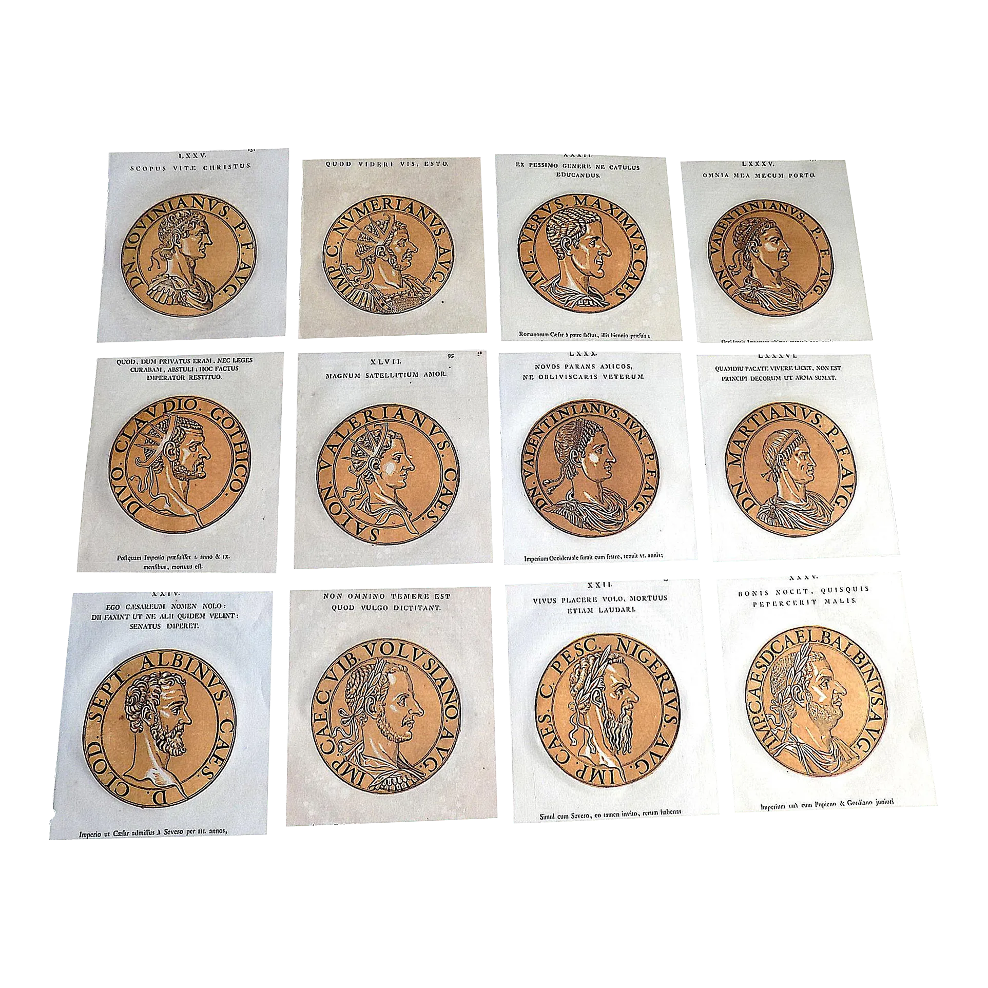 Authentic Antique Early 18th C. Hubert Goltzius Chiaroscuro Woodcut Portraits of Roman Emperors -- Set of 12