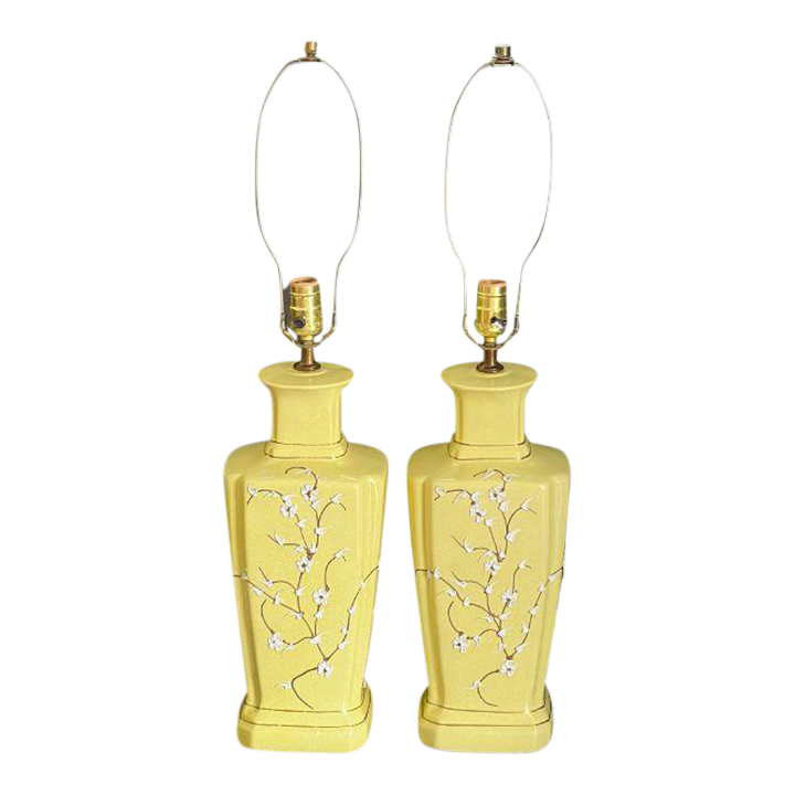 Mid-Century Porcelain, Pale Yellow Table Lamps, Raised Chinoiserie ...