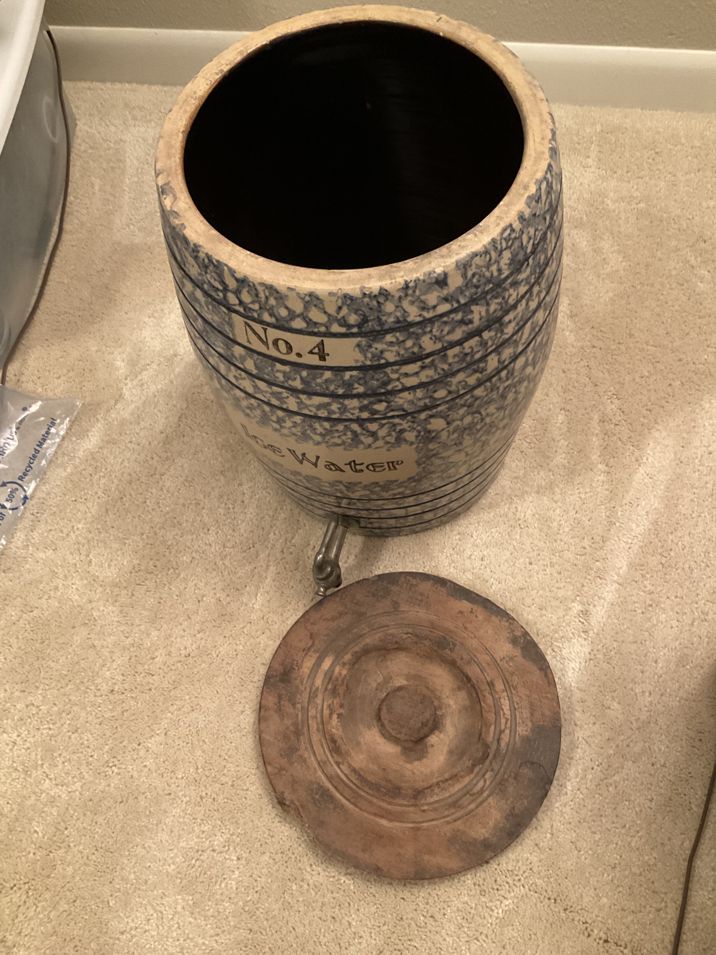 Early 20th Century 4 Gallon Blue Spongeware Ice Water Cooler