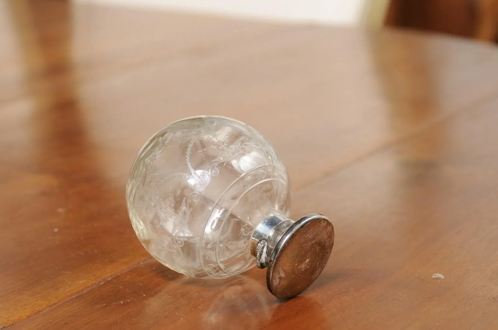 20th Century Small English Glass Vanity Bottle with Silver Lid and Etched Design
