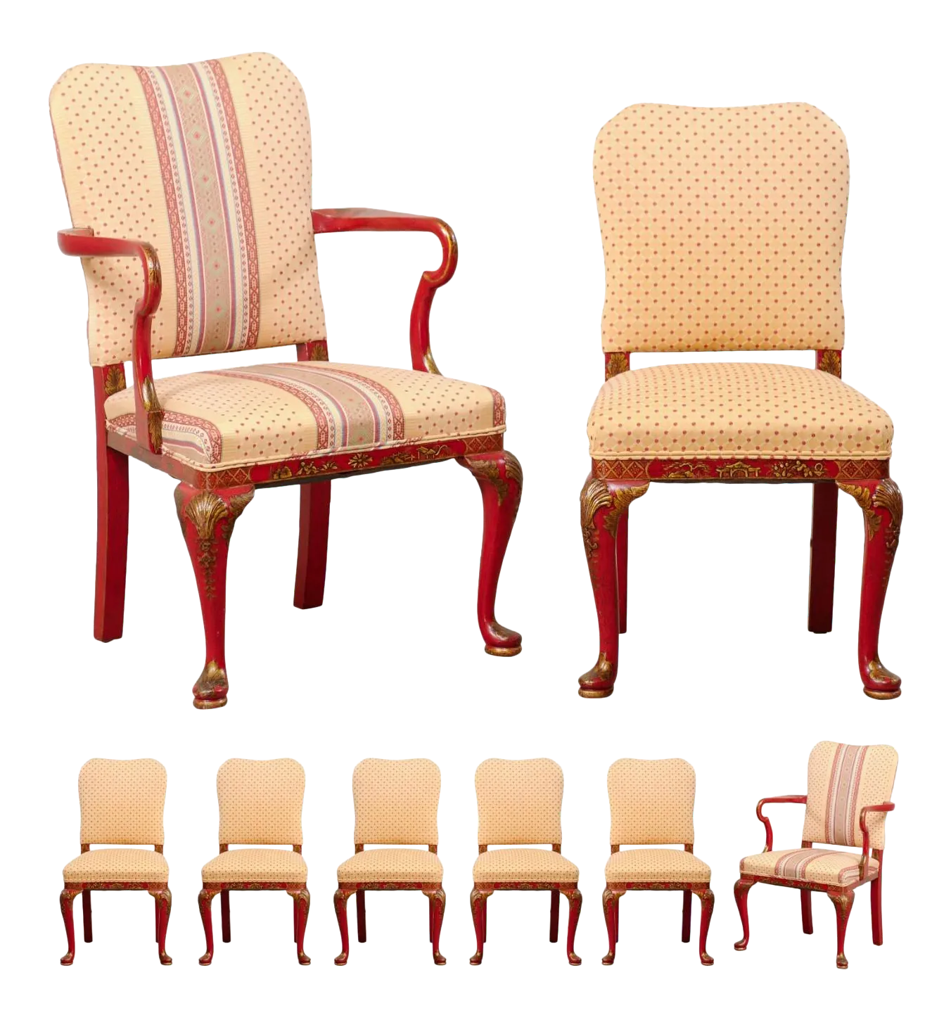 Vintage Dining Chairs With Hand Painted Chinoiserie in Red and Gold