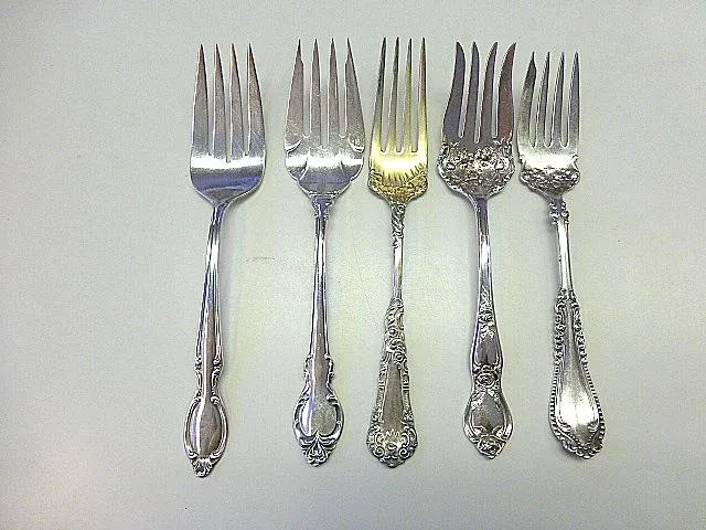 Antique Victorian Floral Silverplate Cold Meat Serving Fork Assortment Set- 5 Pieces