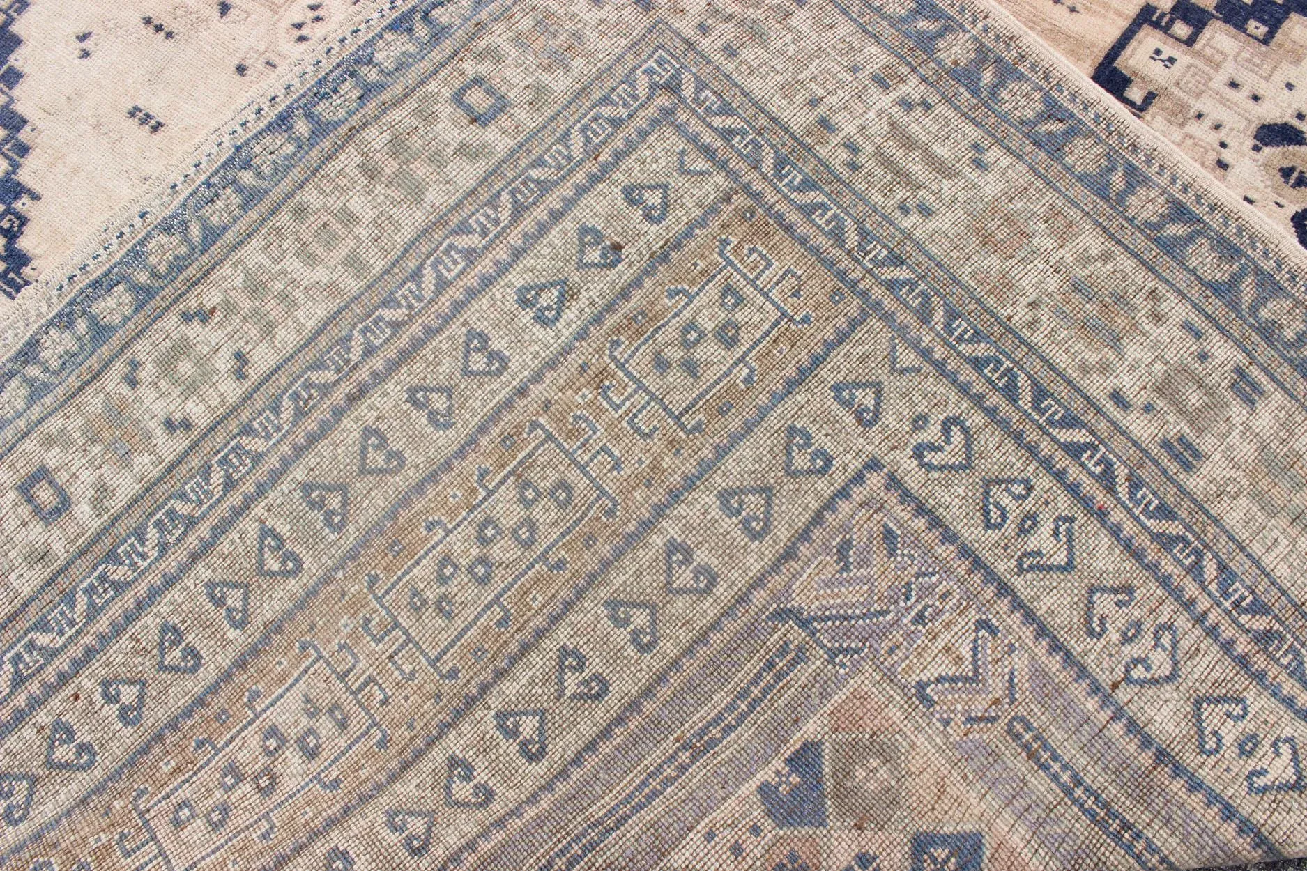 DaVinci Ivory Lace Wedding DressVintage Turkish Oushak Rug Featuring Soft Beige Field With Navy Tribal Design