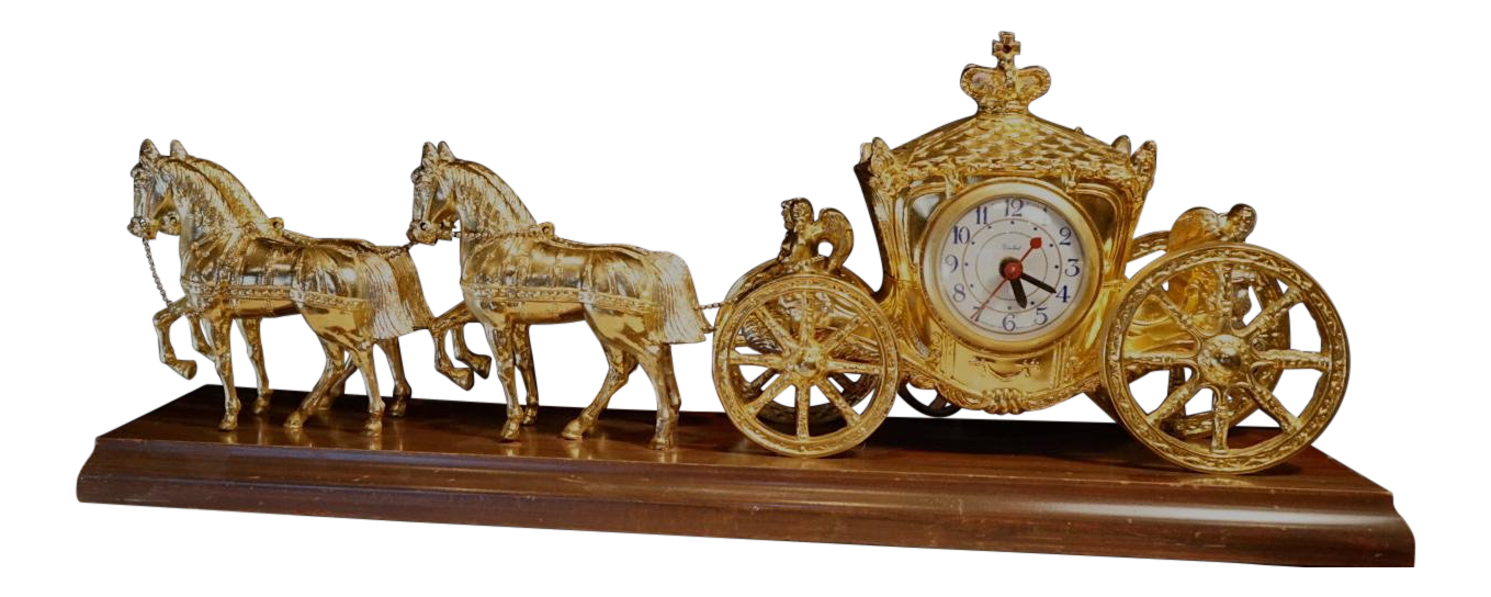 1940s Vintage United Clock Co. Gold Spelter Royal Horse and Carriage