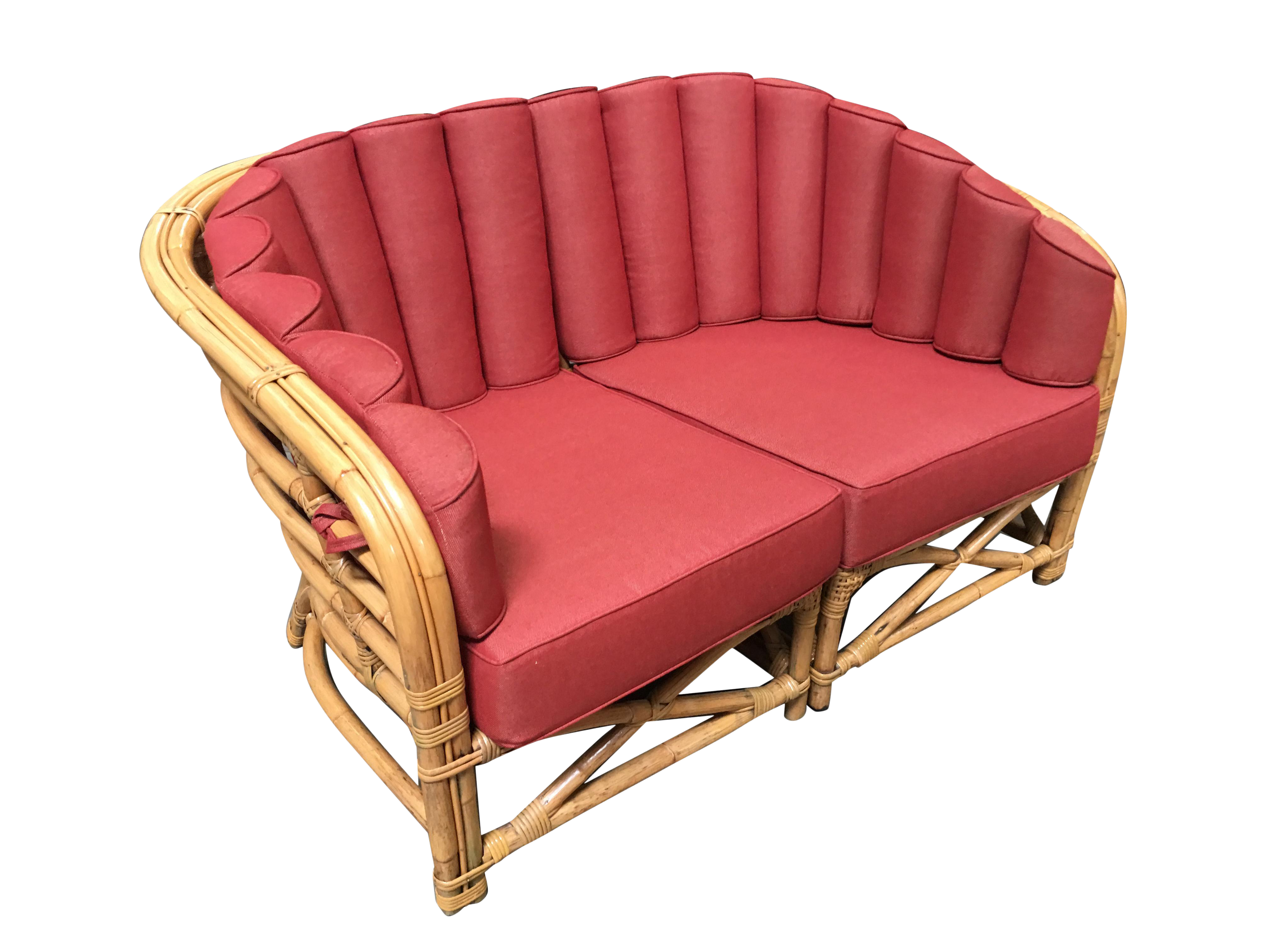 Restored Art Deco Rattan Shell Back Rattan Sectional Loveseat Sofa