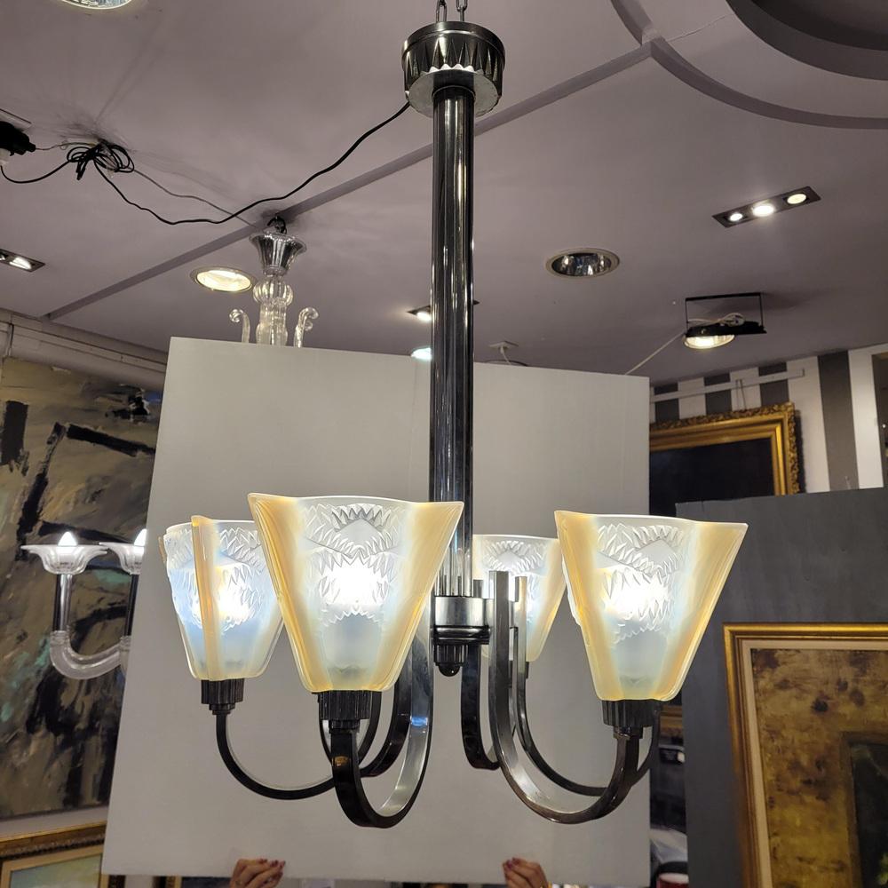 Pendant Light in Glass and Nickel-Plated Metal from Atelier Petitot Paris, 1930s