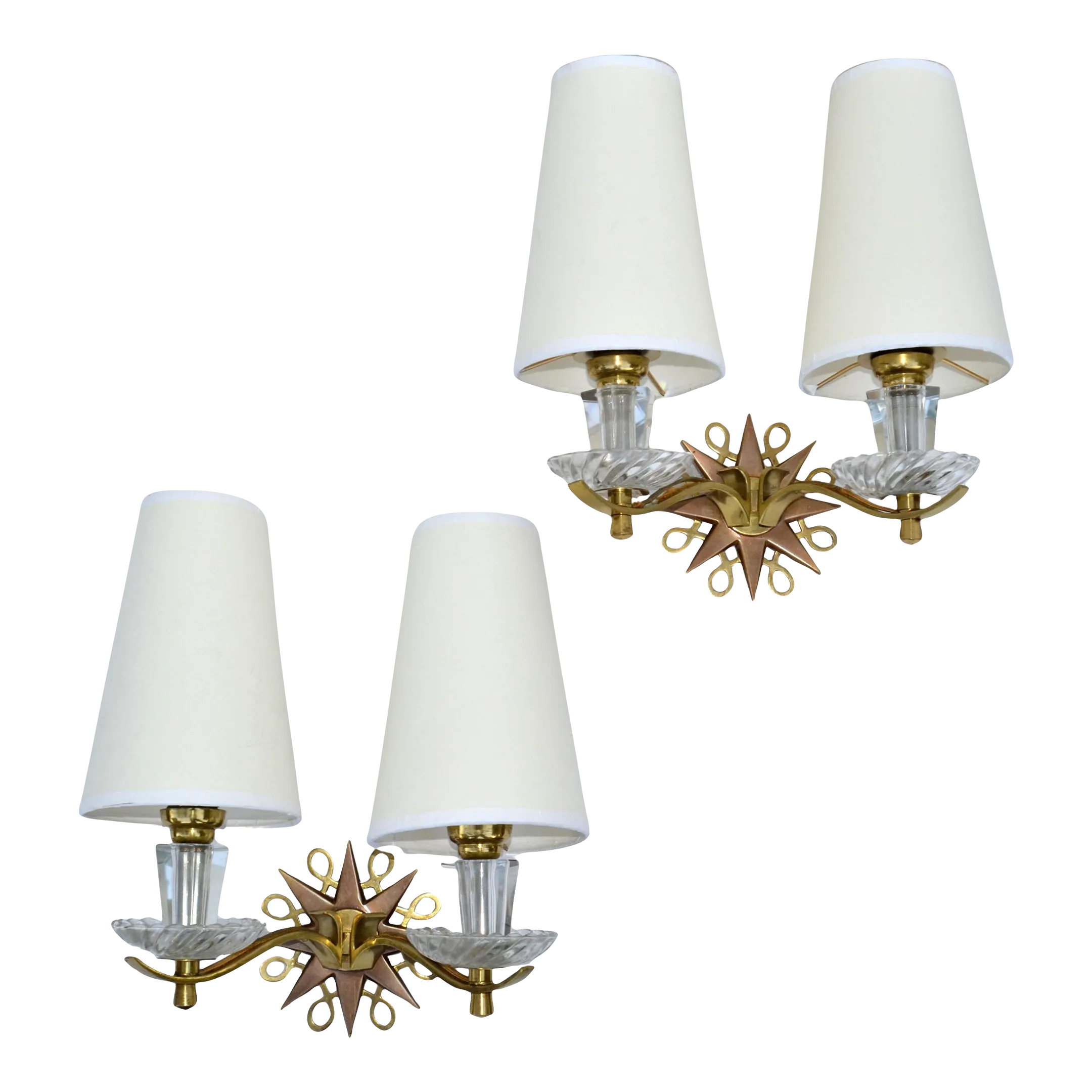 Polished Brass & Faceted Glass French Sconces in the Style of Jules Leleu - Pair