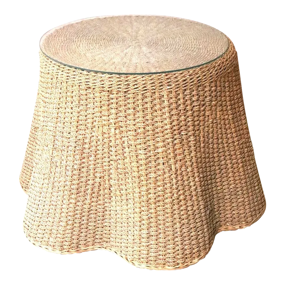 1970s Trompe L’Oeil Draped Wicker Side Table With Glass Top Chairish