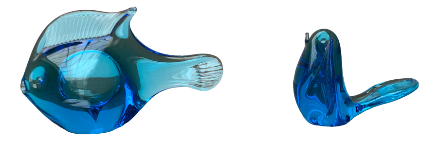 Vintage Swedish Bird and Fish Animal Sculpture in Art Glass from