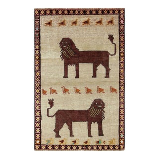 Vintage Gabbeh Persian Rug, Beige With Brown Animal Pictorials