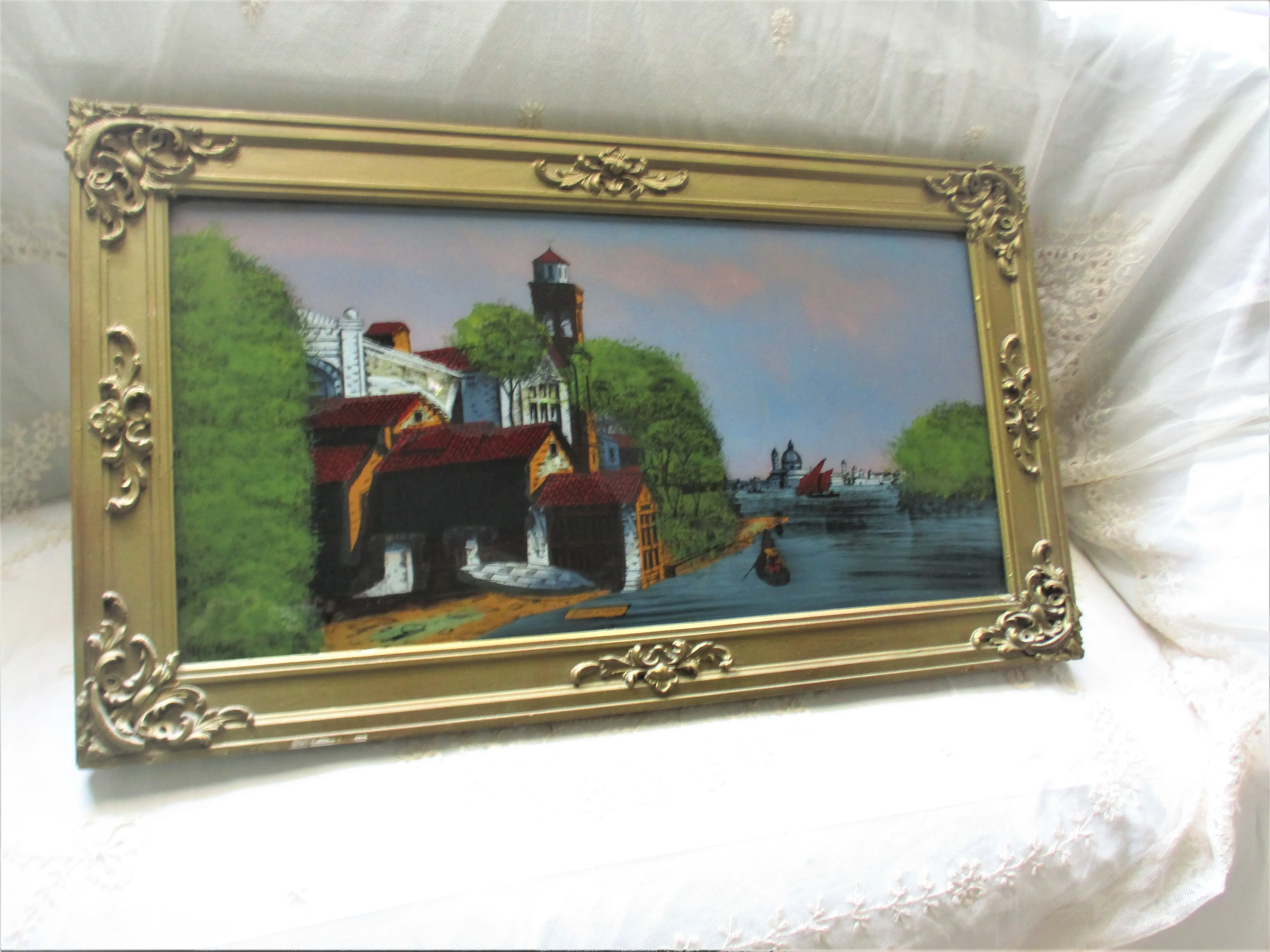 Antique Italian Reverse Painting on Glass Original Ornate Wood 