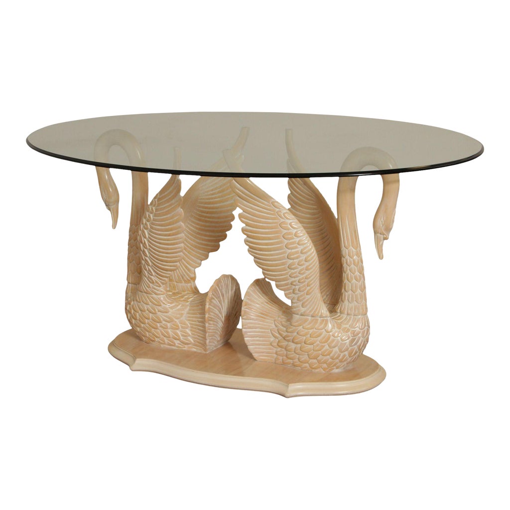 Vintage Carved Double Swan Base Oval Glass Top Dining Table | Chairish