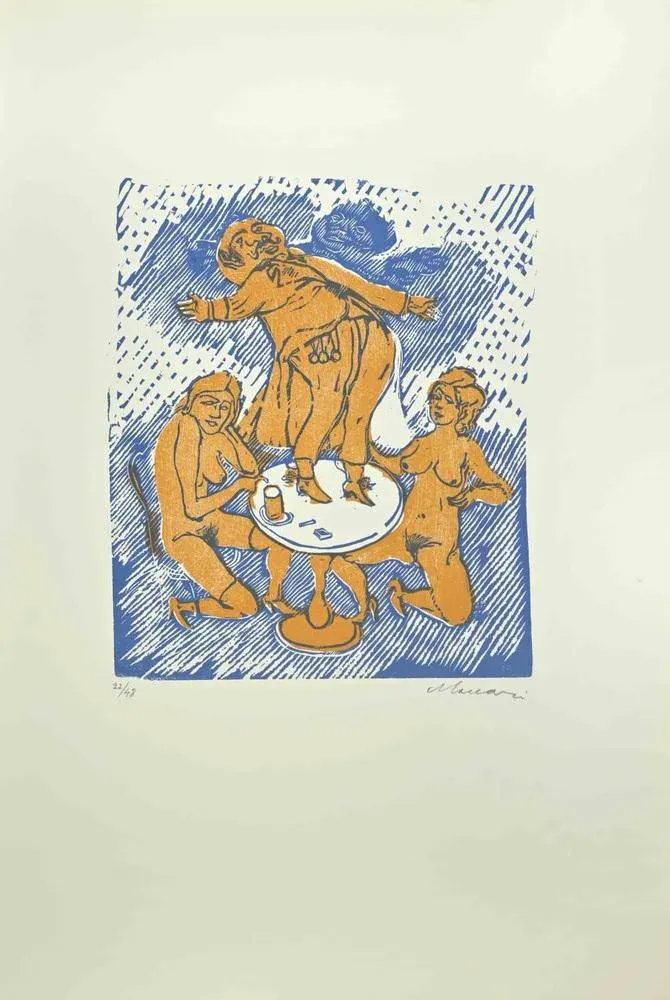 Mino Maccari, Dancing, Linocut, Mid-20th Century