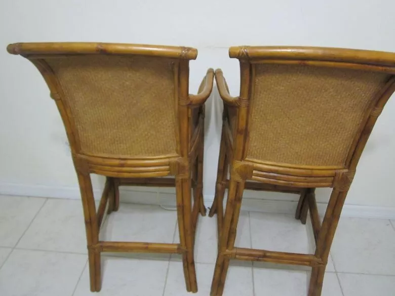 Tommy Bahama Style Medium Tone Leather Seats Barstools- Set of