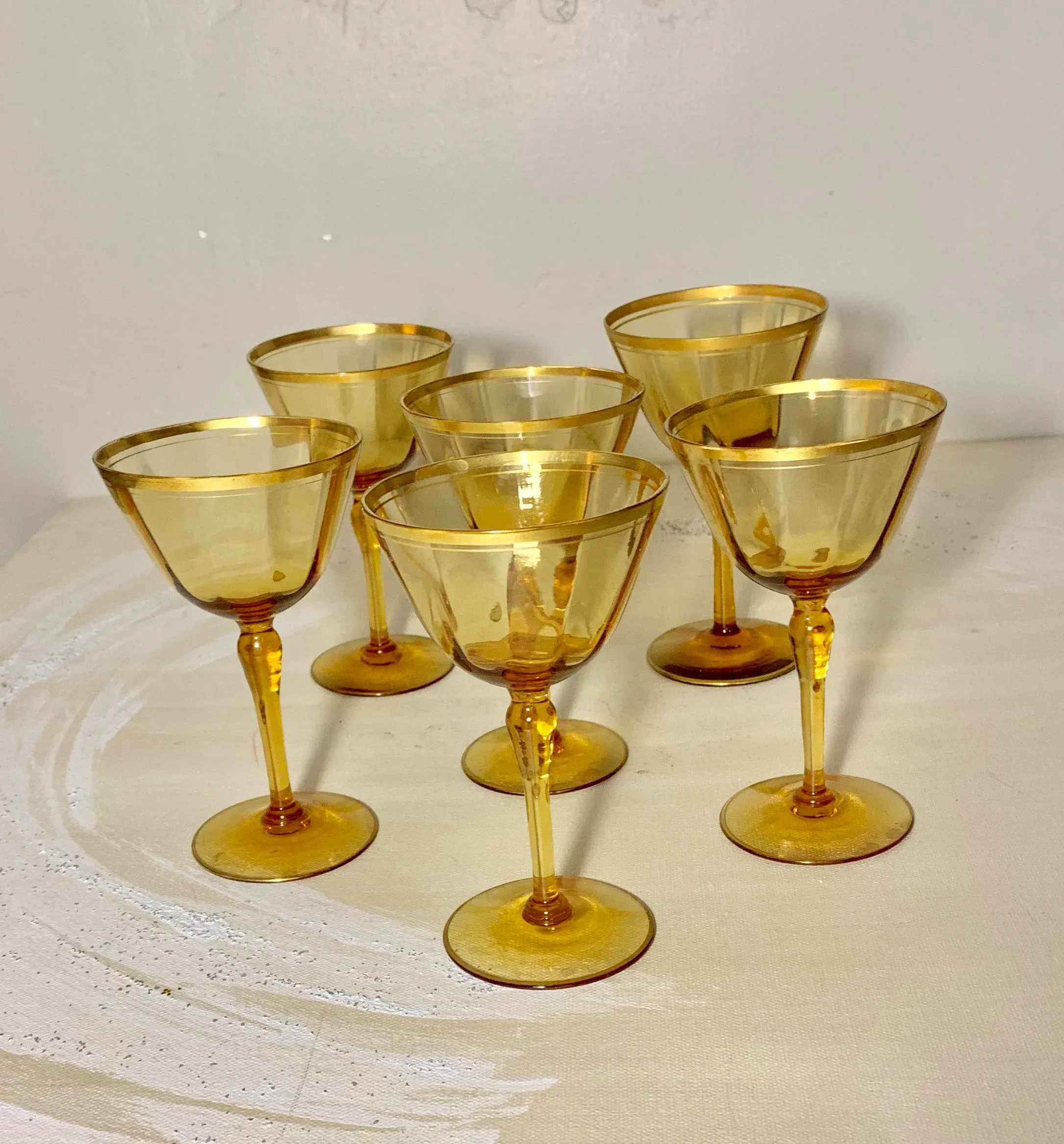 Vintage Amber Sherry Glasses With Gilt Rim Design - Set of 6