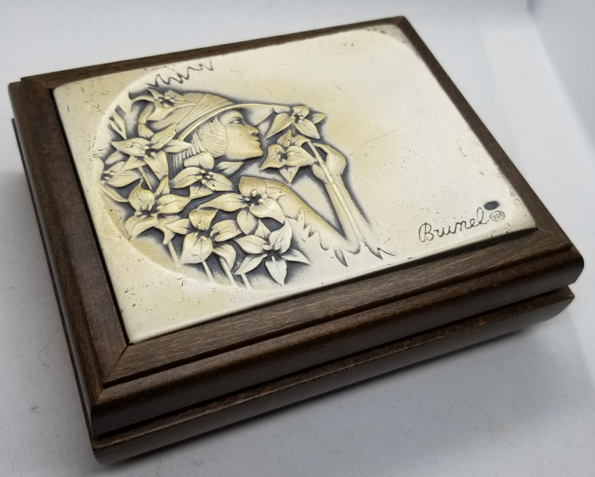 銀版画　イタリア製　　Silver art made in Italy 1960's Italian Signed Brunel Wooden Trinket Jewelry Box With