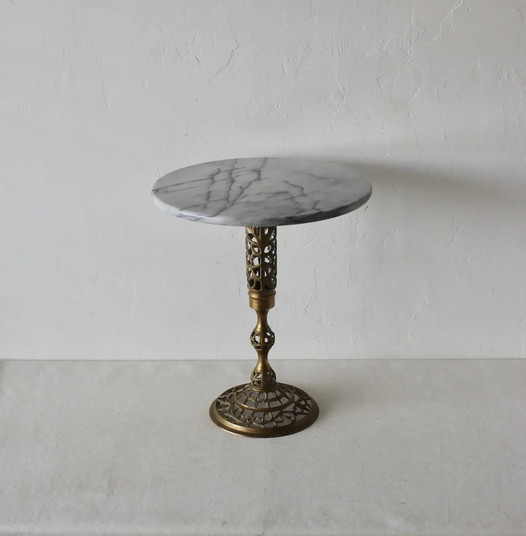 1970s Pierced Reticulated Brass Pedestal Marble Top Drinks