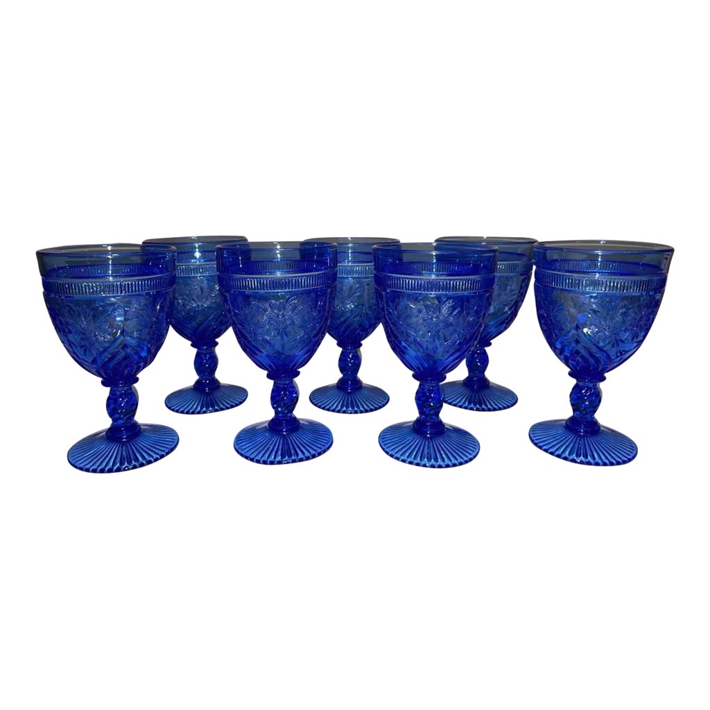 Set of 7 Intense Blue Early American Pattern Glass Floral Wine Goblets ...