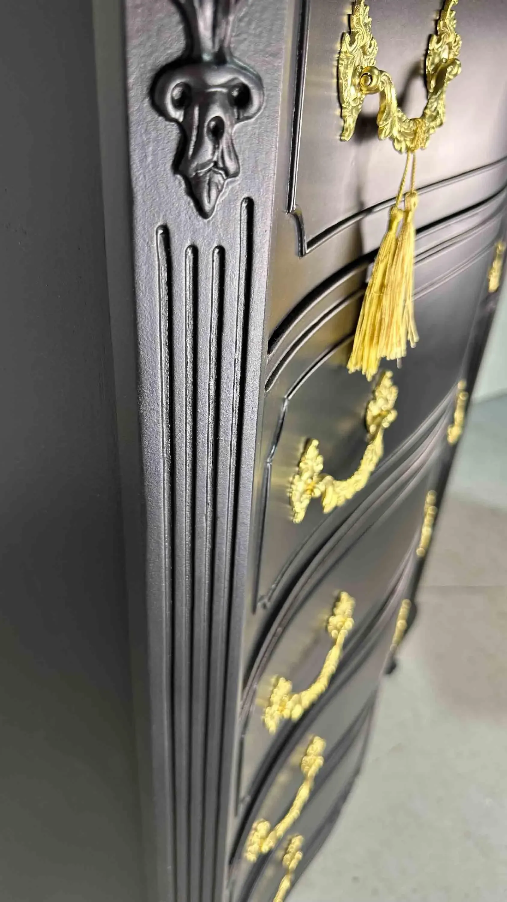 Mid Century French Style Highboy Dresser by John M. Smyth Co. In Black -  Newly Painted