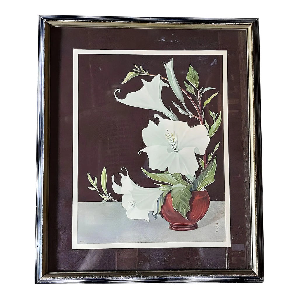 1950s Ikebana Arranged White Petunia Foral Scenic Lithograph by