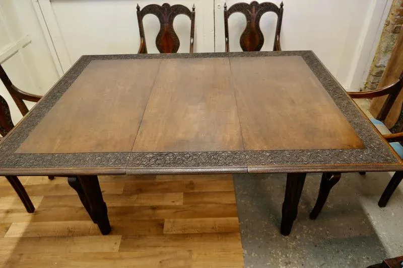 Carved Dining Table and Chairs, 1920s, Set of 7