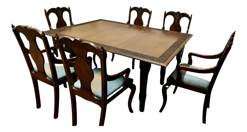 Carved Dining Table and Chairs, 1920s, Set of 7