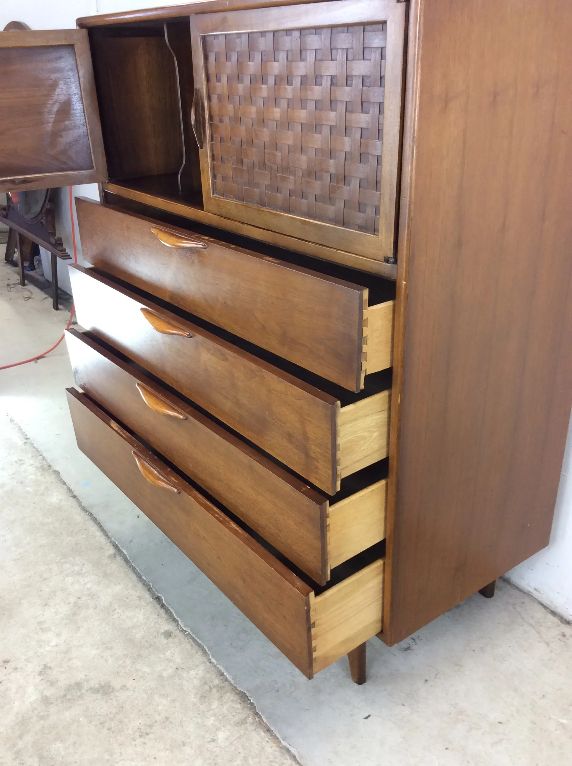 mid century modern highboy dresser by Crawford  Atomic Furnishing & Design Mid-Century Modern Highboy Dresser, Mfg.