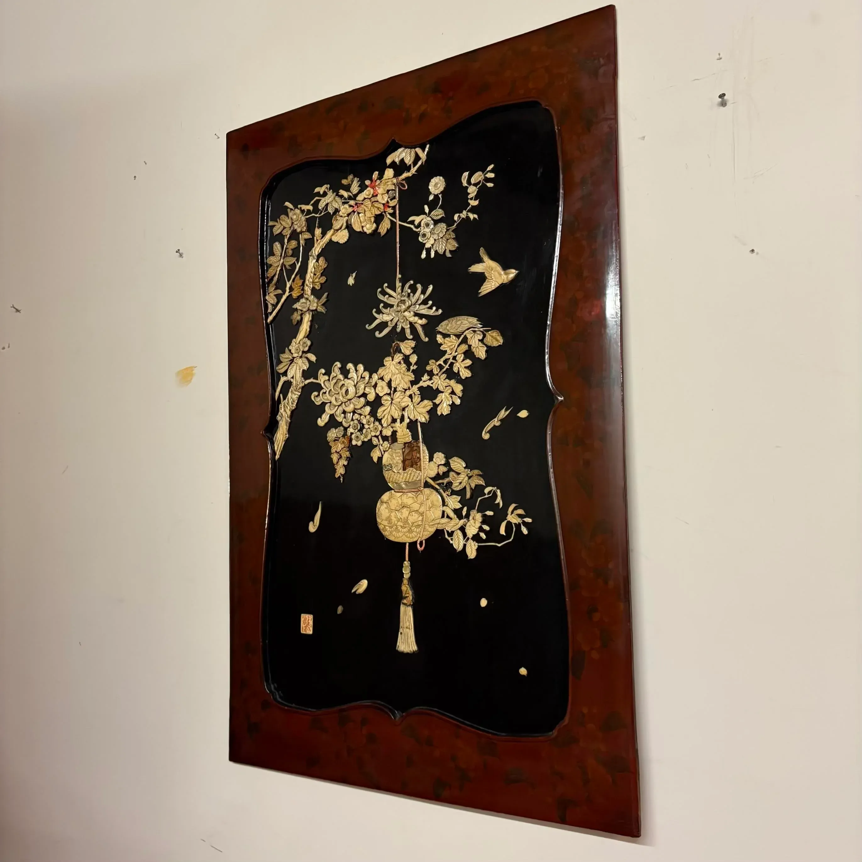 Japanese Lacquer Wall Panel With Chrysanthemum and Bird Relief