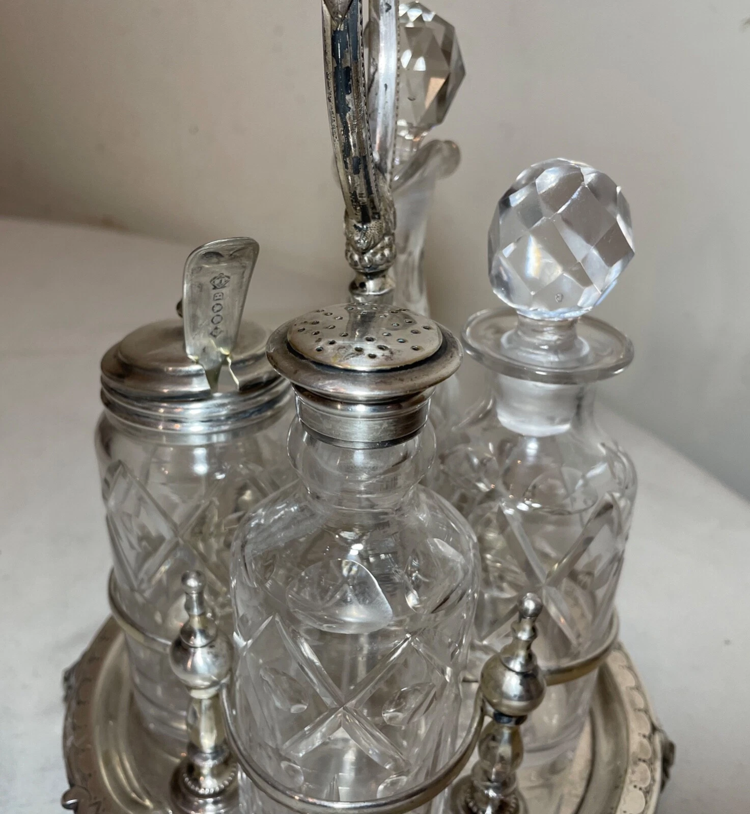 Antique 1800\'s Ornate Cut Crystal Silver Plate Figural Cruet Condiment Set Caddy