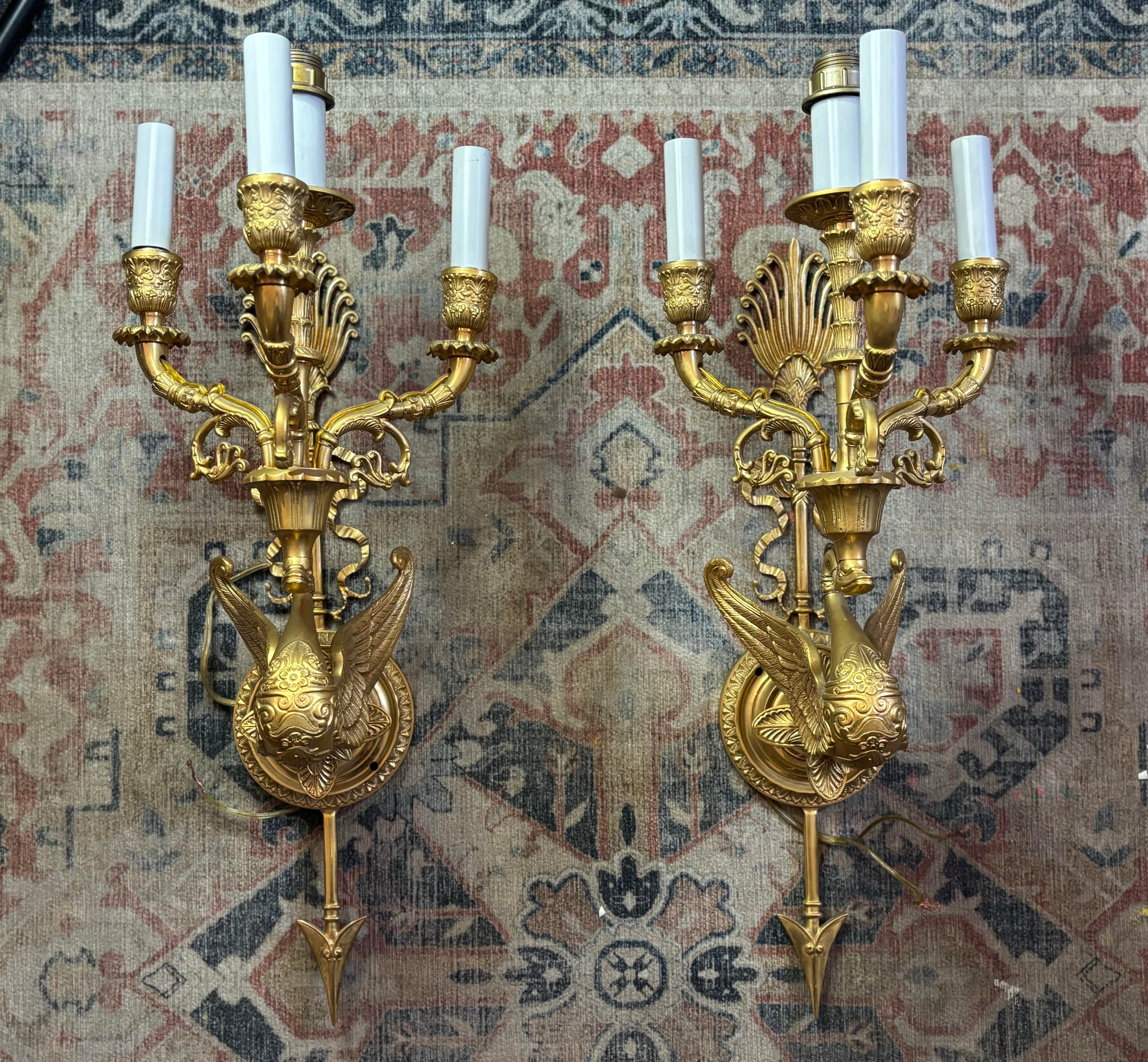1990s Gherardo Degli Albizzi Pair of Matched Dore Bronze Solid Brass Swan and Arrow Wall Sconces 4 Lights