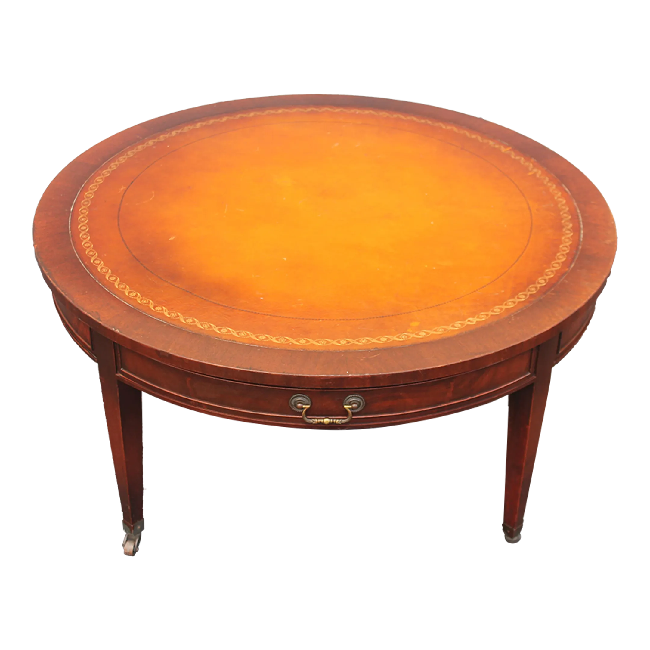 1940's Traditional Style Leather Top Round Coffee Table W/ Storage