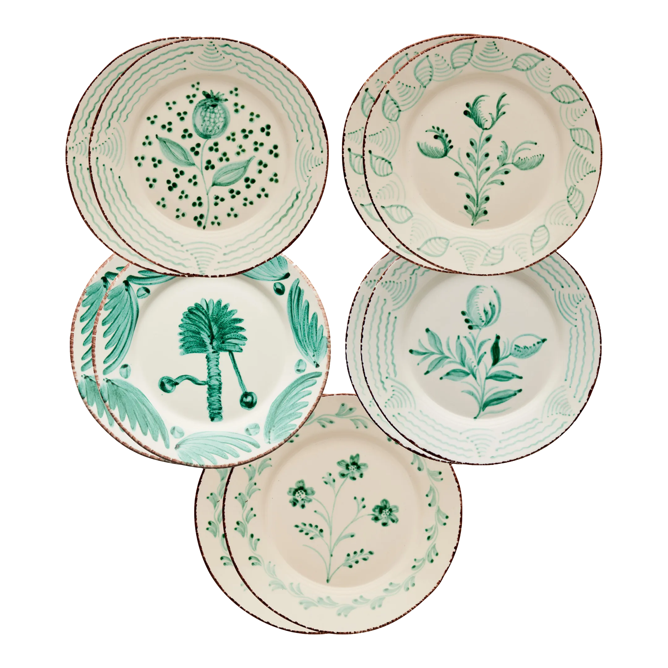 Casa Nuno Green and White Dinner Plates, Mixed Patterns, Set of 10