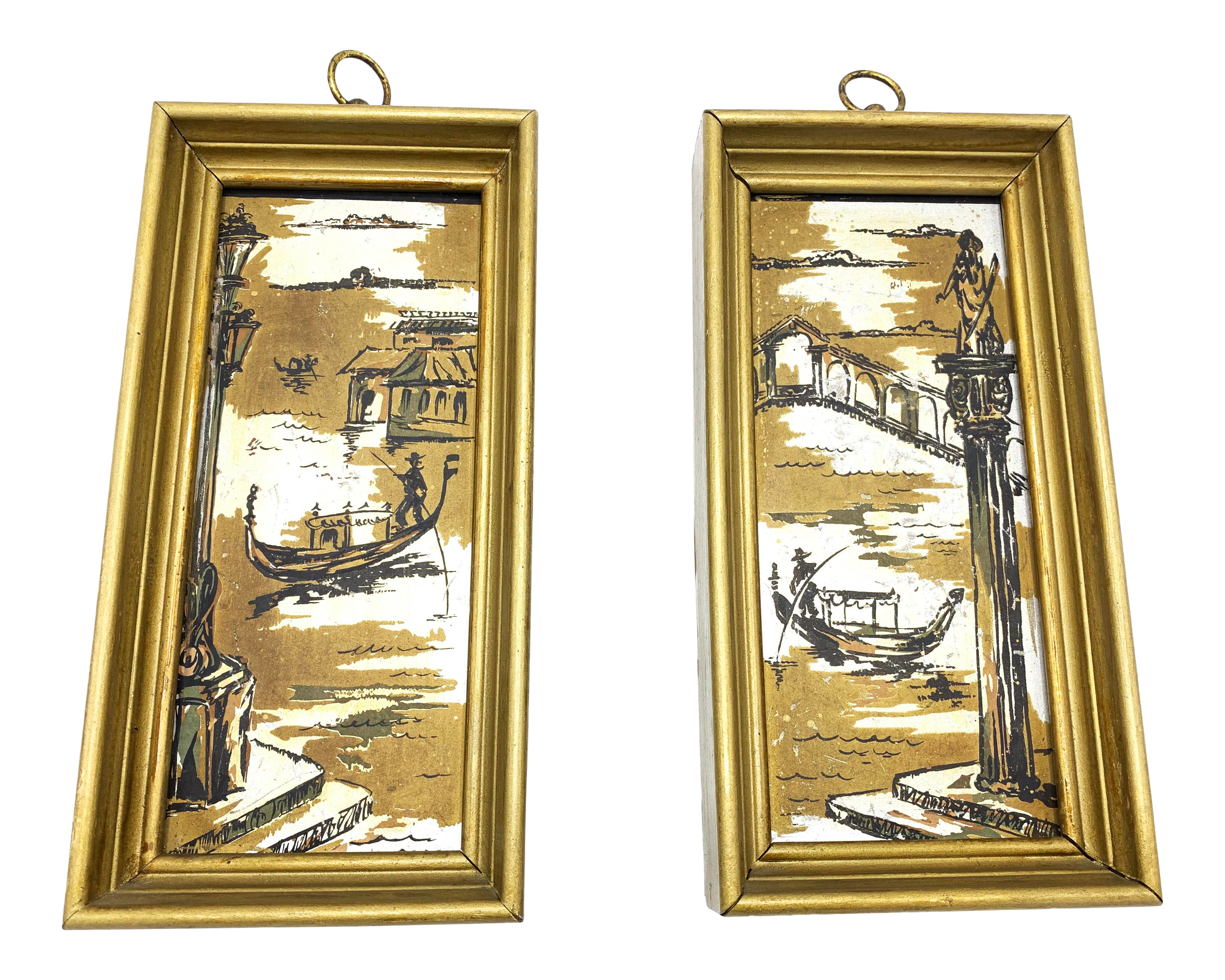 Vintage Authentic Jack Amoroso Signed Pair Of Ultra Mid Century Framed Panel Paintings Of Gondolas In Italy Chairish