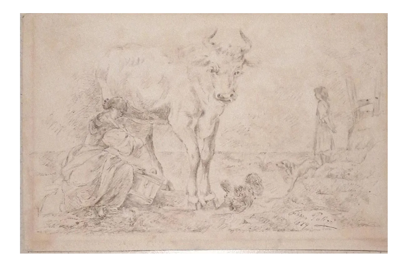 Filippo Palizzi - the Milking Girl - Original Etching by Filippo Palizzi - 1889