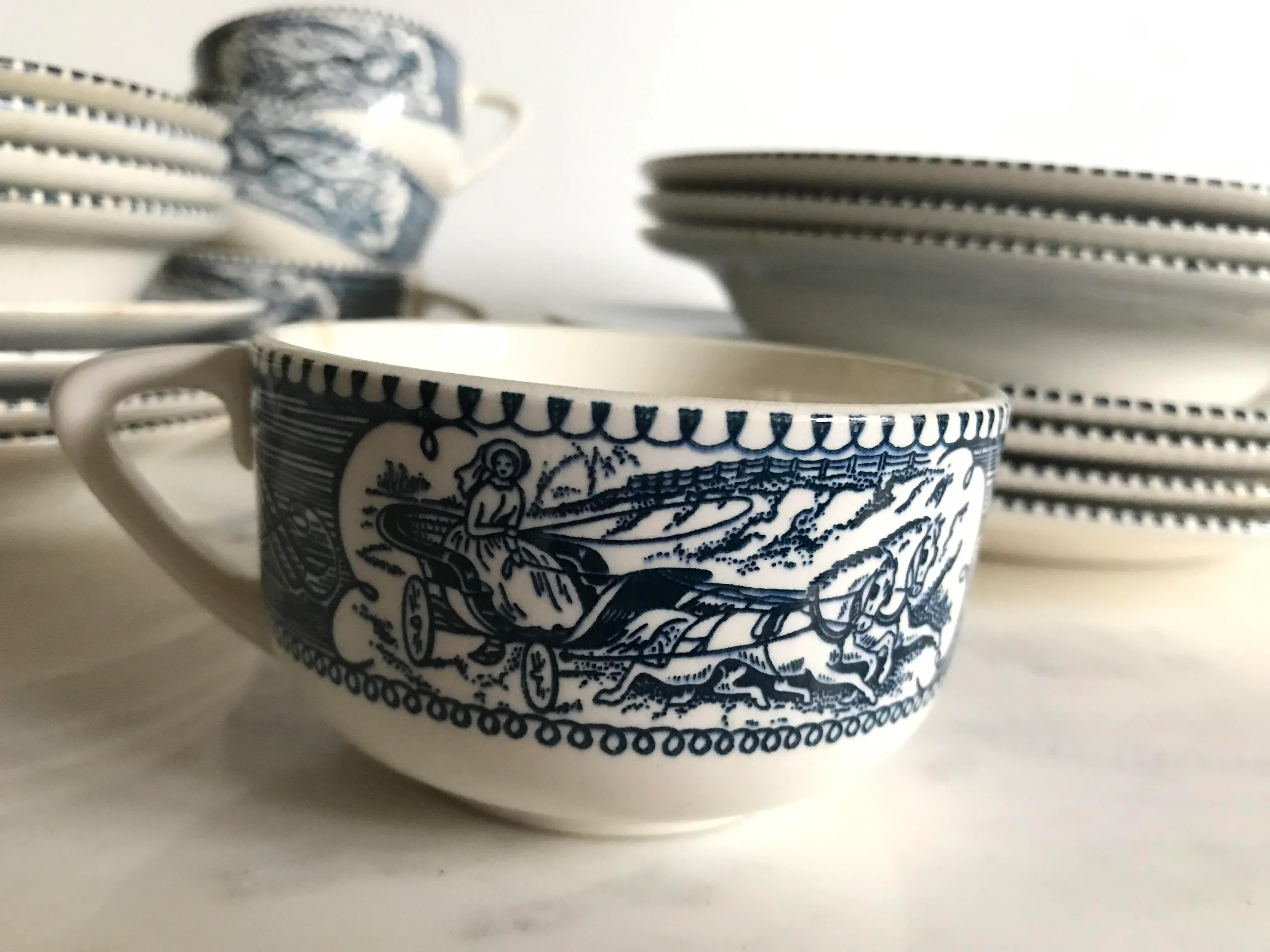 Currier And Ives Blue And White Dishes Mid 20th Century Currier