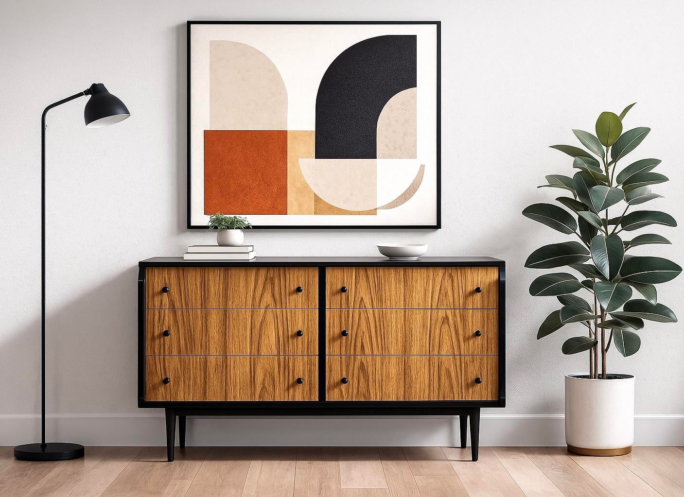 mid century modern credenza dresser Mid-Century Modern Credenza with Brass Accent Pulls, c.1960s