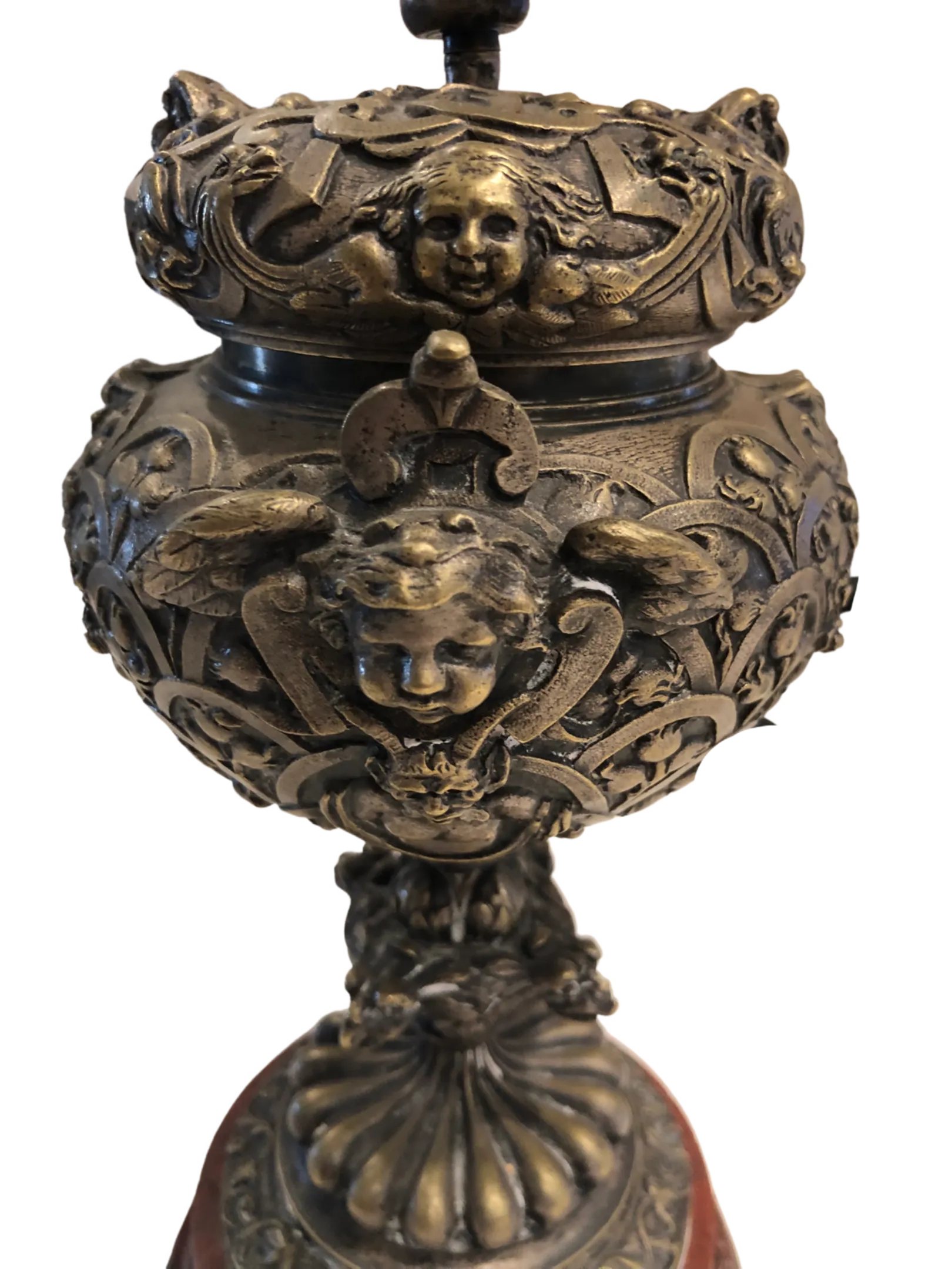 Late 19th Century Silver-Tone Metal Ornate Urn With Marble Base