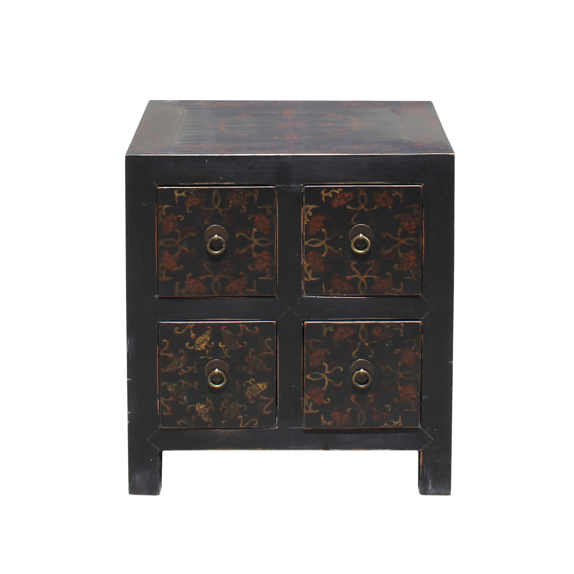 Oriental Distressed Black Golden Flower 4 Drawers End Table Nightstand Chairish