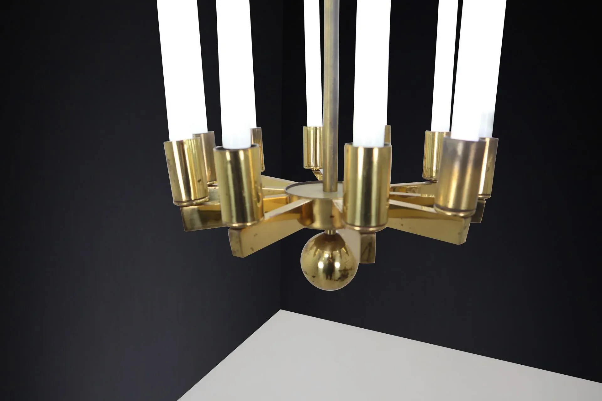 Large German Bauhaus Chandelier in Brass from Kaiser & Co., 1940s